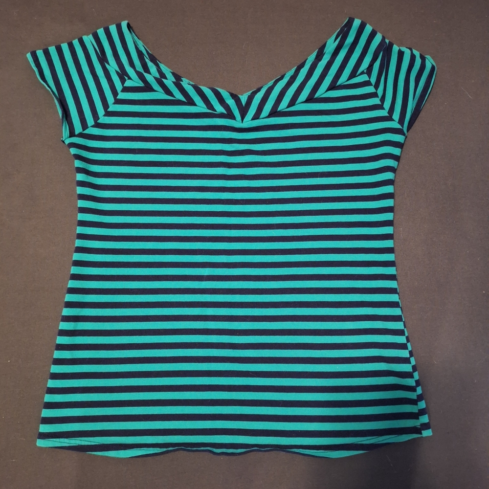 Unique Vintage Teal and Black Striped Short Sleeve Top